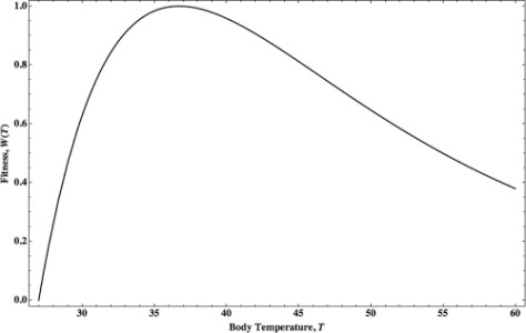 Organism fitness as a function of body temperature. We normalized fitness, (W(T), to attain a maximum value of 1 and plotted body temperature in decrees Celsius over a range of 27 C to 60 C. Fitness reaches a maximum value at Wmax(T)~ 36.7 C.